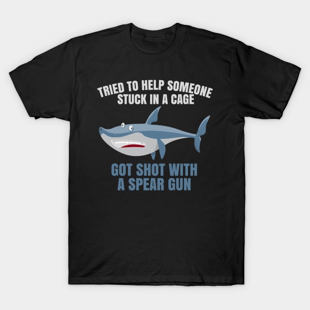 Funny shark cage spear gun design. T-Shirt by SzarlottaDesigns